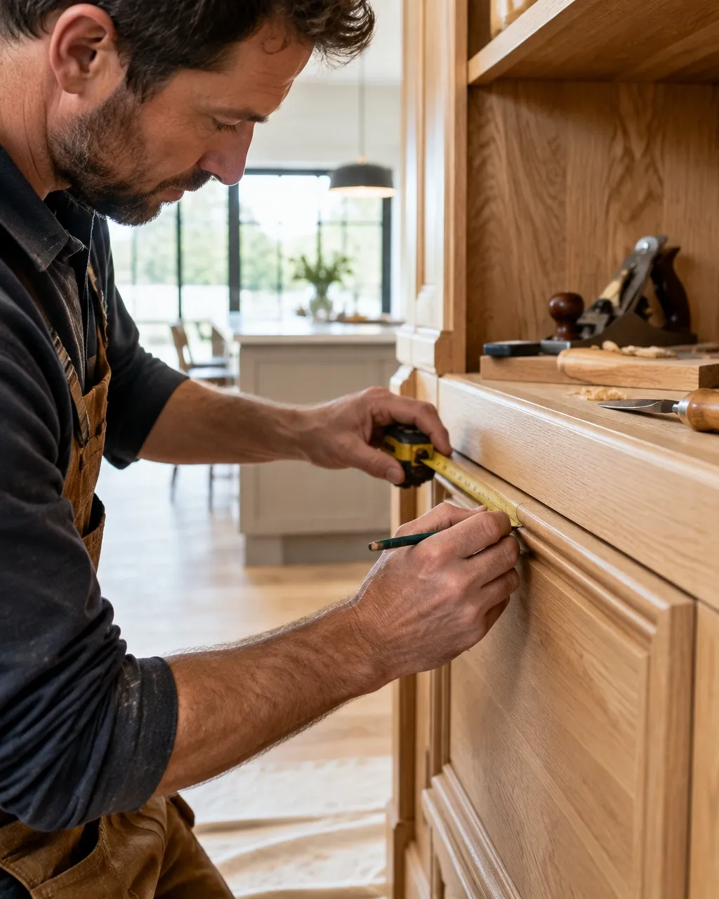Craftsperson carefully finishing custom oak cabinetry in a bright renovated home