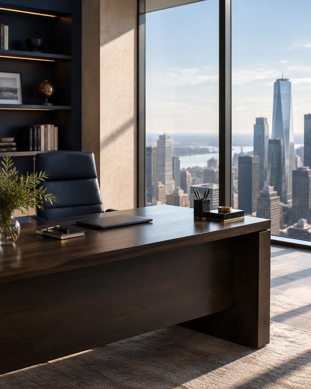 Refined modern professional office with a city view through full-height windows