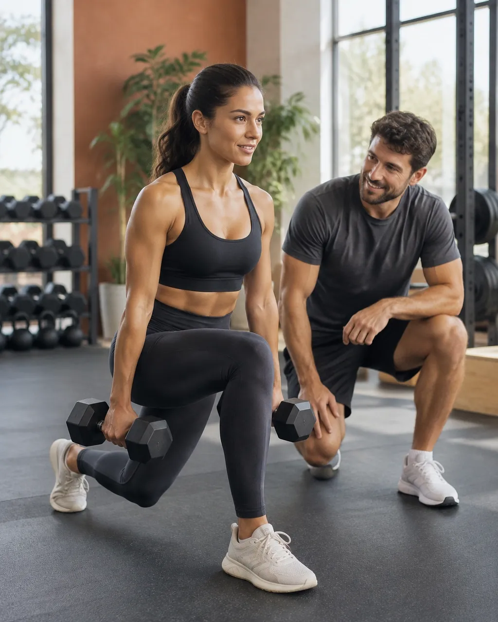 Coach and athlete training together in a bright modern strength studio