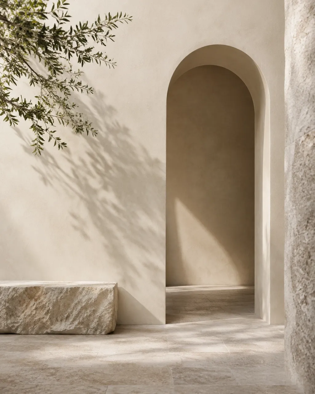 Minimal warm-stone architectural arch and sculptural plaster wall in soft sunlight