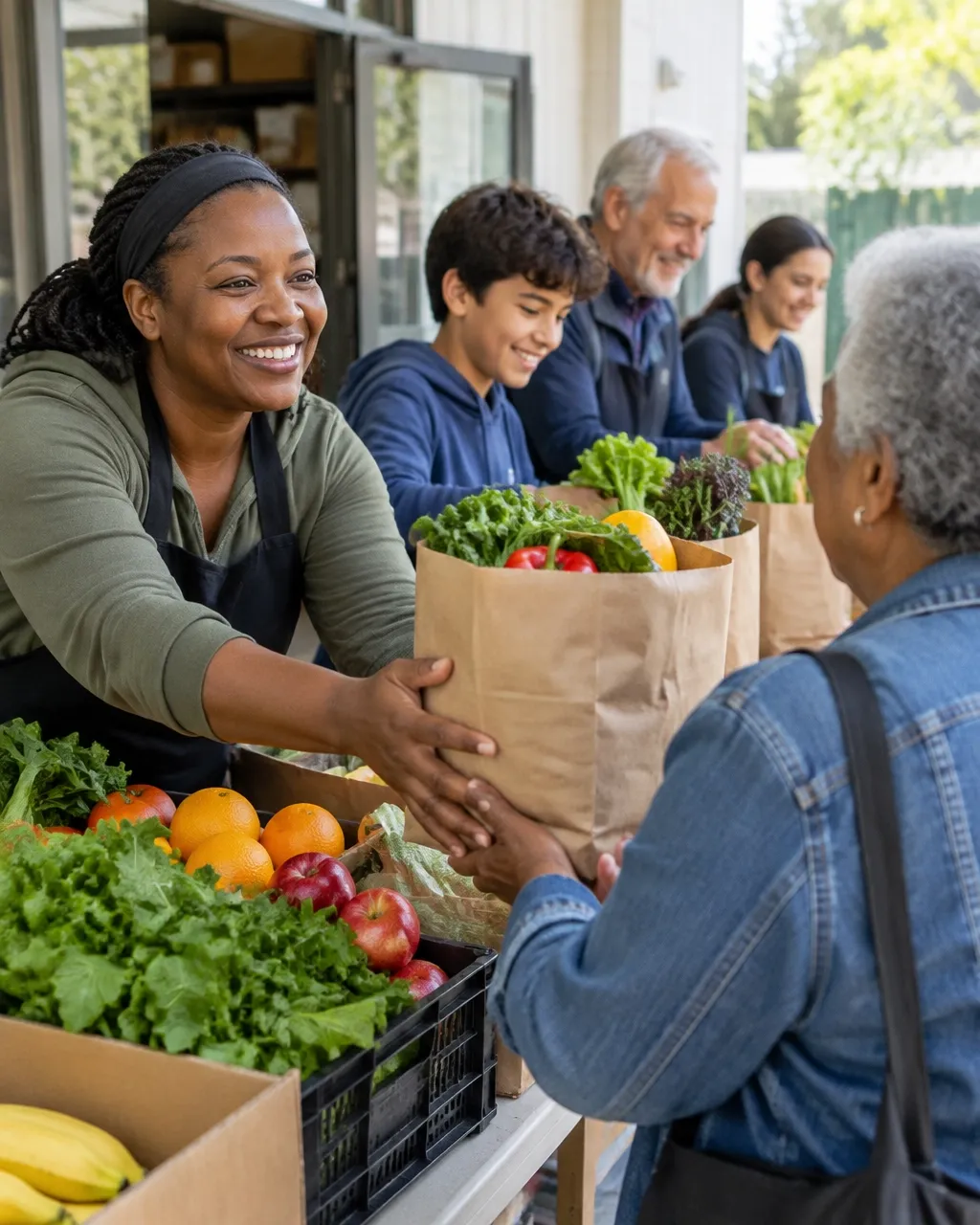 Community volunteers working together at a local food pantry
