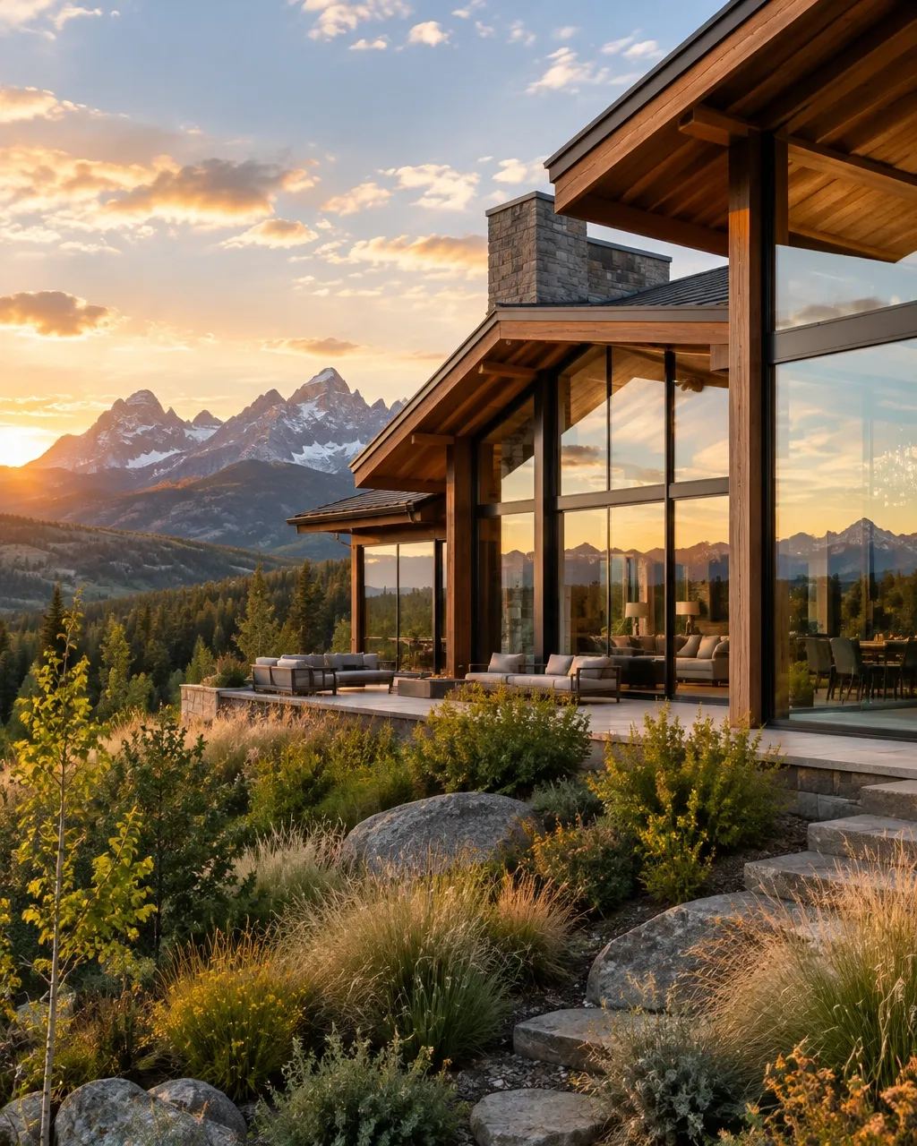 Modern Colorado mountain home with glass walls and Rocky Mountain view