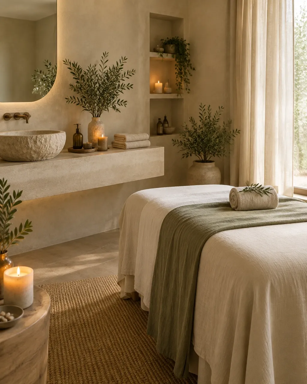 Serene spa treatment space with soft linen, greenery, and warm natural light
