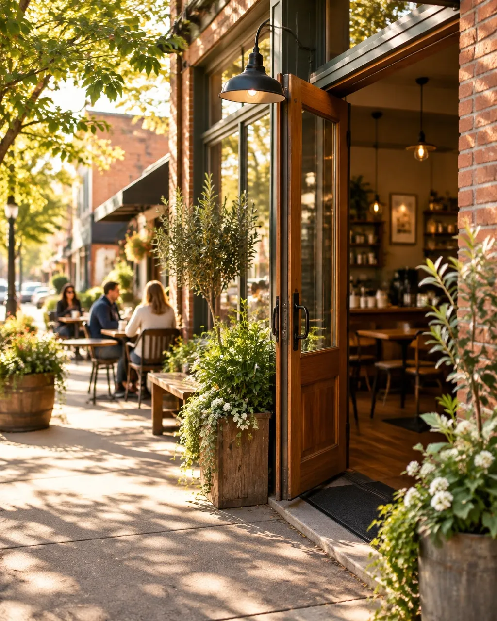 Welcoming neighborhood café entrance, patio seating, brick and sunlit greenery